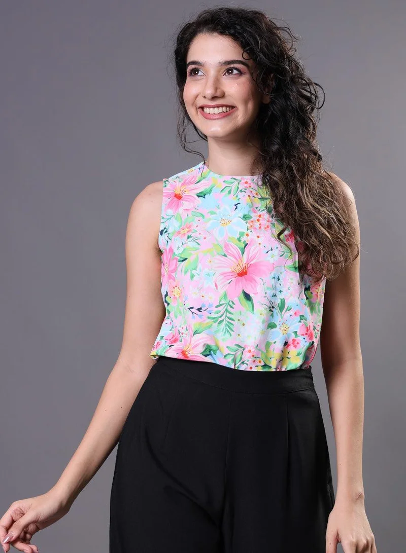 Zigzag  Sleeveless Pink Floral Printed Top for Women | Best Price UAE